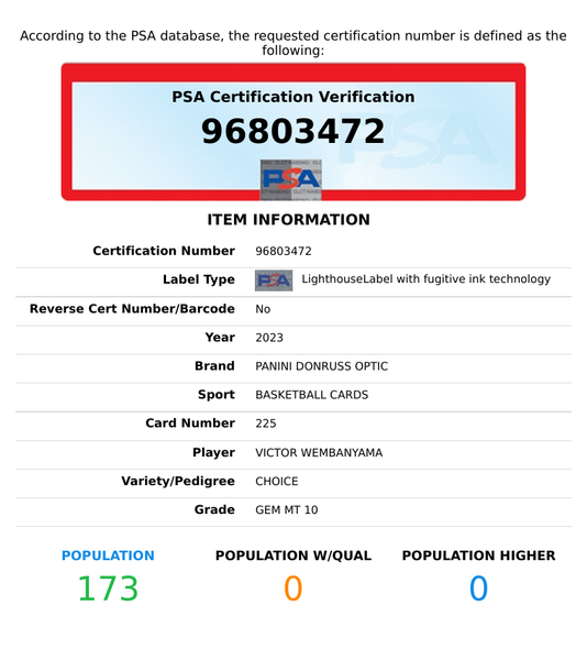2023 PANINI DONRUSS OPTIC VICTOR WEMBANYAMA #225 CHOICE PSA 10 GEM MT RC 96803472