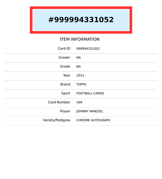 2014 TOPPS CHROME AUTO JOHNNY MANZIEL #169 RC ROOKIE 999994331052