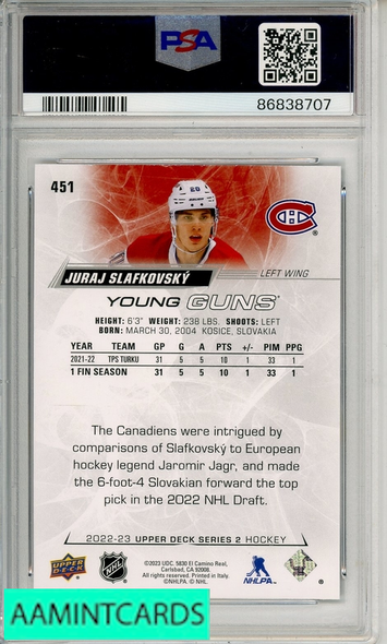 2022 UPPER DECK JURAJ SLAFKOVSKY #451 PSA 10 GEM MT  YOUNG GUN RC 86838707