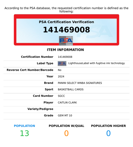2024 PANINI SELECT WNBA SIGNATURES CAITLIN CLARK #SGCC ROOKIE RC PSA 10 AUTO 10 141469008