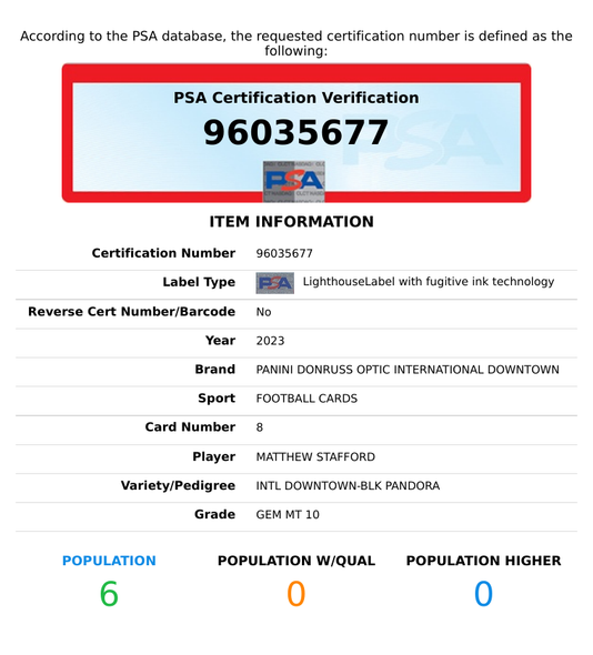 2023 DONRUSS OPTIC INTL DOWNTOWN MATTHEW STAFFORD #8 BLACK PANDORA OF 25 PSA 10 96035677