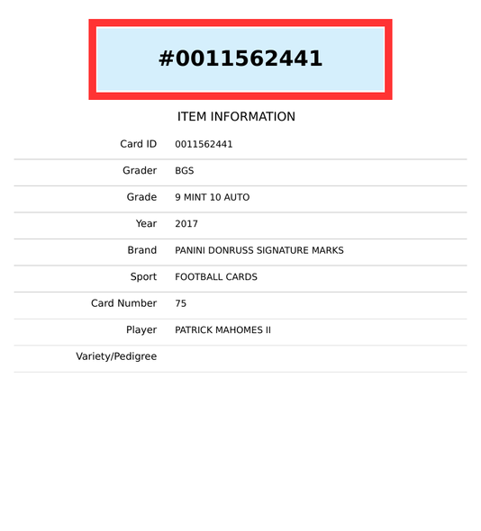 2017 DONRUSS SIGNATURE MARKS PATRICK MAHOMES #75 ROOKIE BGS 9 AUTO 10 0011562441