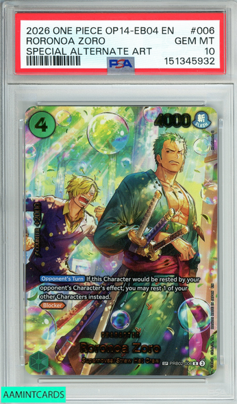 2026 ONE PIECE OP14-EB04-THE AZURE SEA S SEVEN RORONOA ZORO #006 SPECIAL ALTERNATE ART PSA 10 GEM MT 151345932