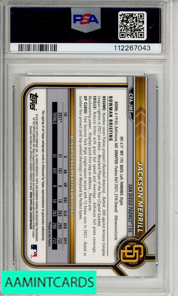 2022 BOWMAN CHROME PROSPECT AUTOGRAPHS JACKSON MERRILL #CPAJME PSA 10 112267043