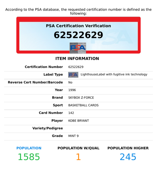 1996 SKYBOX Z-FORCE KOBE BRYANT #142 PSA 9 MINT  RC 62522629