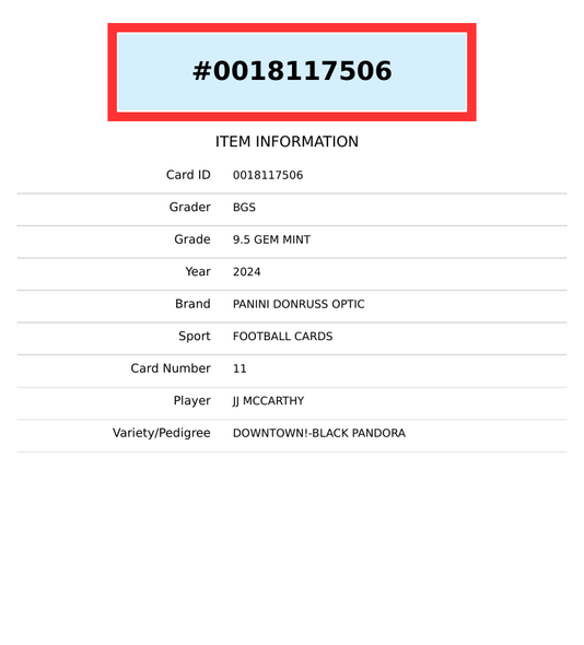 2024 PANINI DONRUSS OPTIC DOWNTOWN JJ MCCARTHY #11 BLACK PANDORA BGS 9.5 RC 0018117506