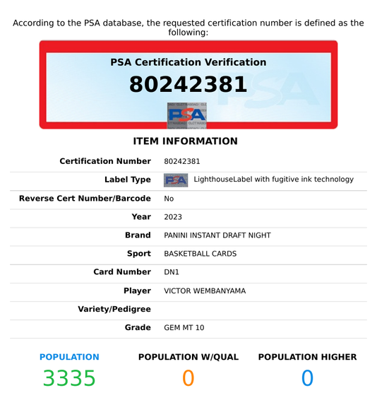 2023 PANINI INSTANT DRAFT NIGHT VICTOR WEMBANYAMA #DN1 RC PSA 10 GEM MT 80242381