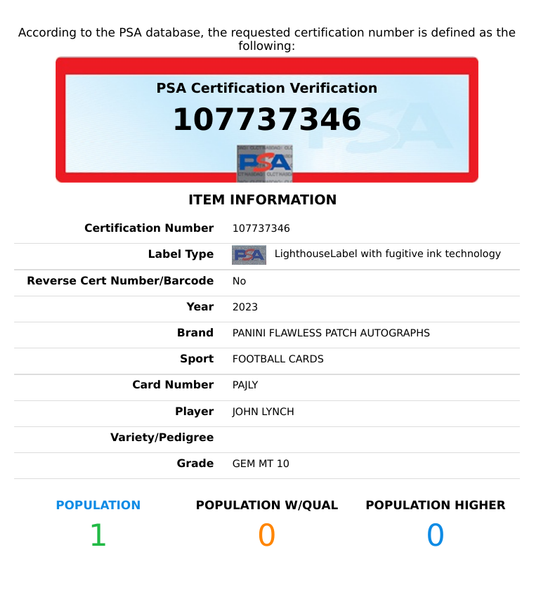 2023 PANINI FLAWLESS PATCH AUTOGRAPHS JOHN LYNCH #PAJLY PSA 10 AUTO 9 107737346