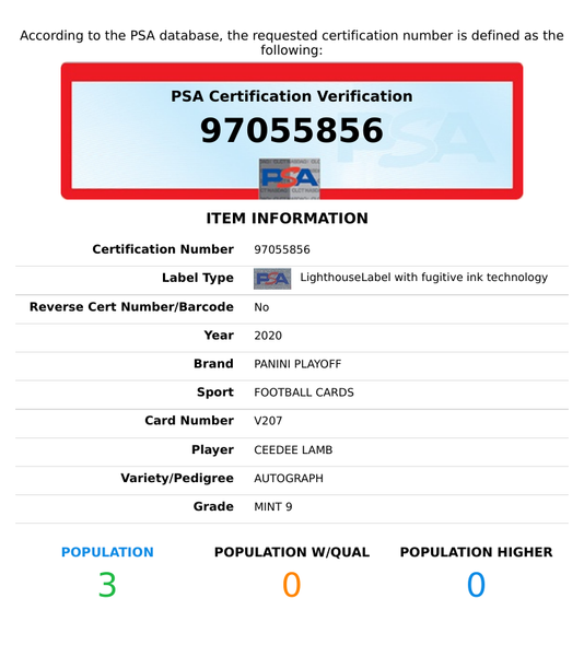 2020 PANINI PLAYOFF CEEDEE LAMB #V207 AUTOGRAPH PSA 9 MINT  RC 97055856
