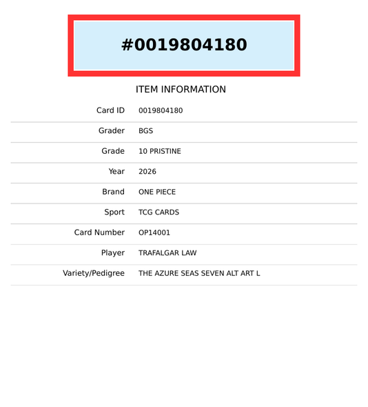 2026 ONE PIECE AZURE SEAS SEVEN TRAFALGAR LAW #OP14001 ALT ART L BGS 10 PRISTINE 0019804180