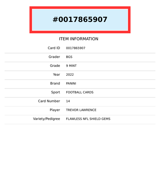 2022 PANINI FLAWLESS NFL SHIELD GEMS 1 OF 1 TREVOR LAWRENCE #14 BGS 9 0017865907