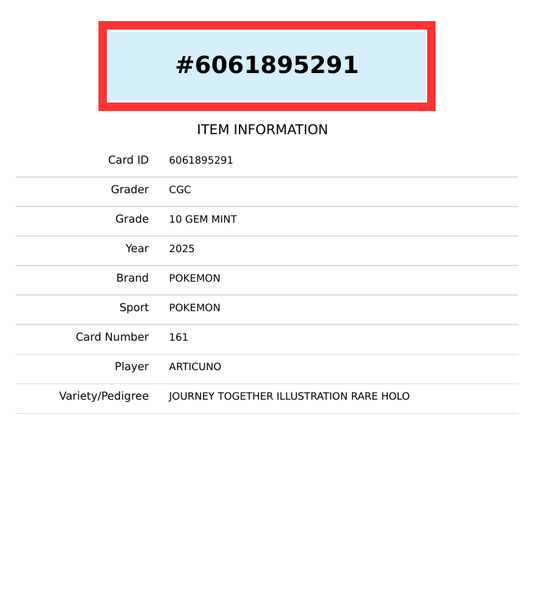 2025 POKEMON JOURNEY TOGETHER ARTICUNO #161 IR HOLO CGC 10 6061895291