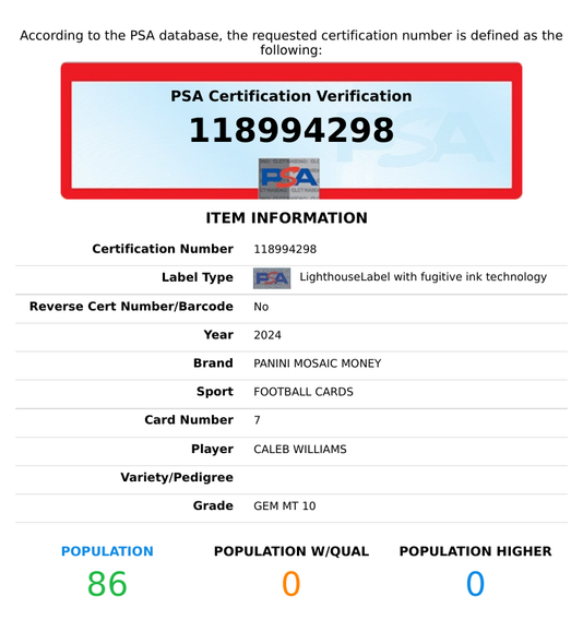 2024 PANINI MOSAIC MONEY CALEB WILLIAMS #7 ROOKIE PSA 10 GEM MT 118994298
