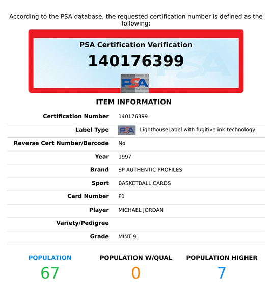 1997 SP AUTHENTIC PROFILES MICHAEL JORDAN #P1 PSA 9 MINT 140176399