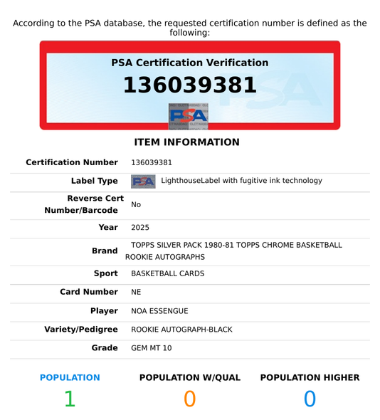 2025 TOPPS SILVER PACK 1980-81 CHROME ROOKIE AUTOS NOA ESSENGUE #NE BLCK PSA 10 136039381