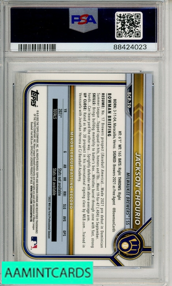 2022 BOWMAN CHROME PROSPECTS JACKSON CHOURIO #BCP79 BLUE REFRACTOR PSA 9 88424023