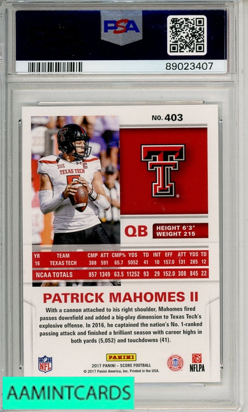 2017 PANINI SCORE PATRICK MAHOMES II #403 PSA 10 GEM MT RC 89023407