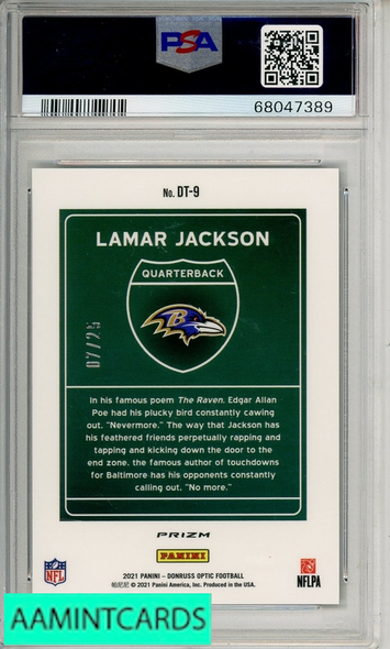 2021 PANINI DONRUSS OPTIC DOWNTOWN LAMAR JACKSON #DT9 BLACK PANDORA PSA 10 68047389