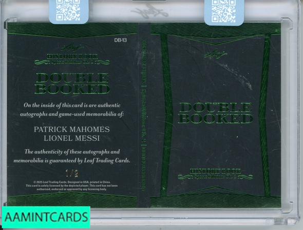 2025 LEAF HISTORY BOOK PATRICK MAHOMES LIONEL MESSI #DB-13 PATCH AUTO 1 OF 2 999952163497