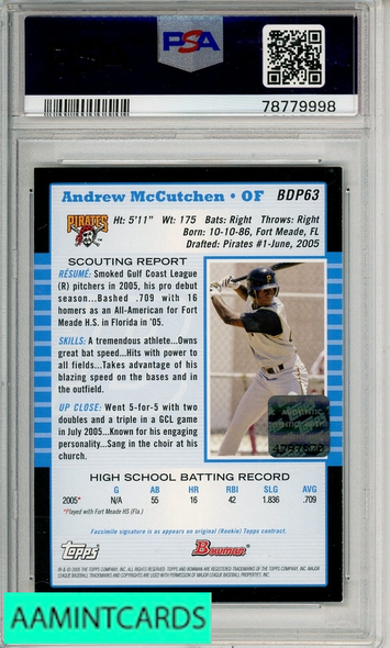 2006 BOWMAN ORIGINALS BB AUTOS ANDREW MCCUTCHEN #BDP63 05 BOWMAN DP PSA 7 78779998
