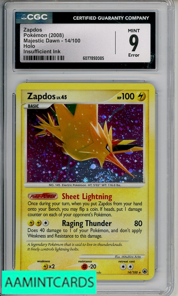 2008 POKEMON MAJESTIC DAWN ZAPDOS HOLO #14 INK ERROR CGC 9 6077892085