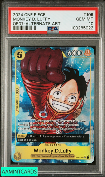 2024 ONE PIECE OP07-500 YEARS IN THE FUTURE MONKEY D LUFFY #109 ALT ART PSA 10 100285022