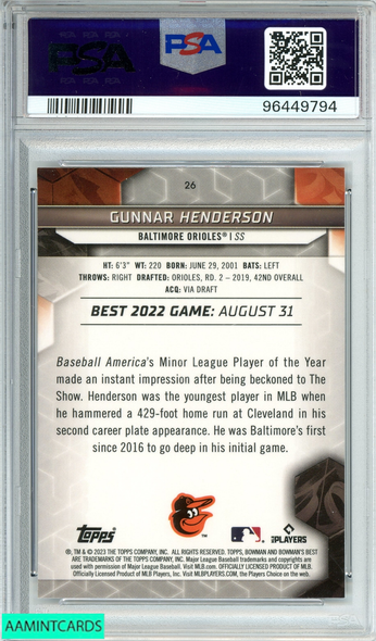 2023 BOWMAN S BEST GUNNAR HENDERSON #26 WAVE REFRACTOR RC PSA 10 GEM MT 96449794