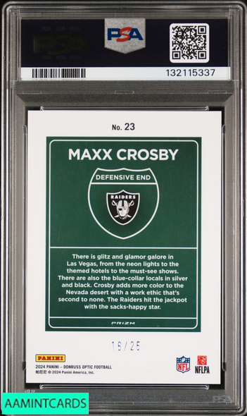 2024 PANINI DONRUSS OPTIC DOWNTOWN MAXX CROSBY #23 BLACK PANDORA 16 OF 25 PSA 10 132115337