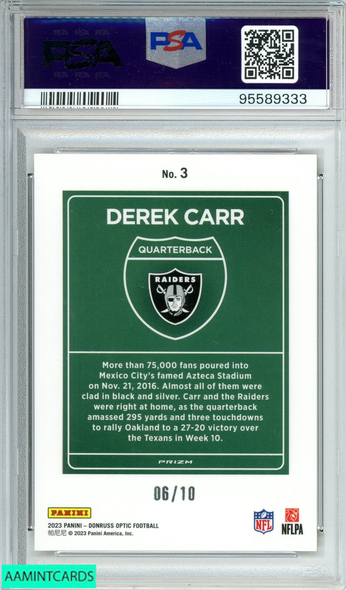 2023 PANINI DONRUSS OPTIC DEREK CARR #3 INTL DOWNTOWN-GOLD OF 10 PSA 9 MINT 95589333
