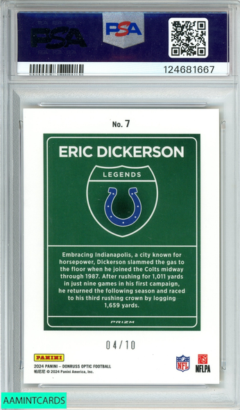 2024 PANINI DONRUSS OPTIC ERIC DICKERSON #7 DOWNTOWN LEGENDS-GOLD OF 10 PSA 9 124681667