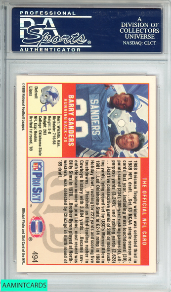 1989 PRO SET BARRY SANDERS #494 DETROIT LIONS ROOKIE  HOF PSA 10 GEM MT 23670862