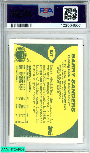 1989 TOPPS TRADED BARRY SANDERS #83T DETROIT LIONS ROOKIE HOF PSA 10 GEM MT 102504507