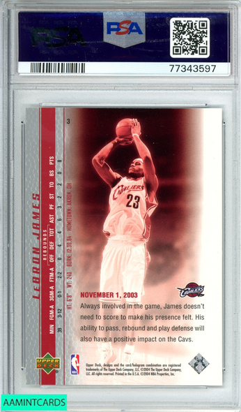 2003 UPPER DECK LEBRON JAMES #3 PHENOMENAL BEGINNING ROOKIE PSA 10 GEM MT 77343597