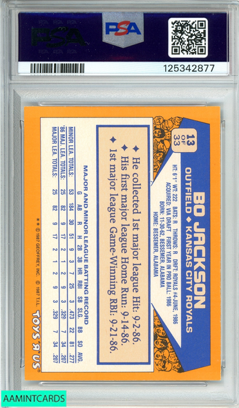 1987 TOYS R US ROOKIES BO JACKSON #13 KC ROYALS ROOKIE RC HOF PSA 9 MINT 125342877