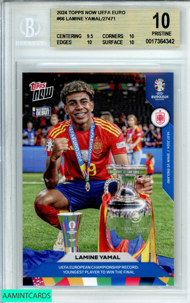2024 TOPPS NOW UEFA EURO LAMINE YAMAL #66 NATIONAL DEBUT RC BGS 10 PRISTINE 0017364342