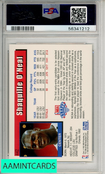 1992 HOOPS SHAQUILLE O NEAL #442 PSA 10 GEM MT  RC 56341212