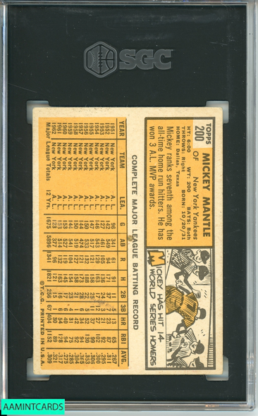 1963 TOPPS MICKEY MANTLE #200 NEW YORK YANKEES HOF SGC 3 VERY GOOD 0990210