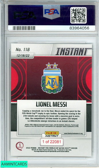 2022 PANINI INSTANT  LIONEL MESSI #118 FIFA WORLD CUP QATAR PSA 10 GEM MT *W*2026-06-18*83964056
