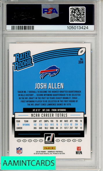 2018 PANINI DONRUSS JOSH ALLEN #304 PSA 9 MINT  RC 105013424