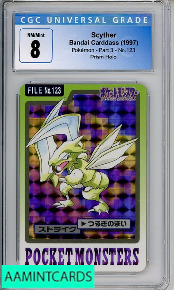 1997 BANDAI CARDDASS POKEMON PART 3 SCYTHER #123 PRISM HOLO CGC 8 4183946026