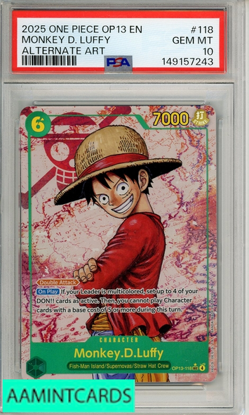 2025 ONE PIECE OP13-CARRYING ON HIS WILL MONKEY D  LUFFY #118 ALT ART PSA 10 149157243