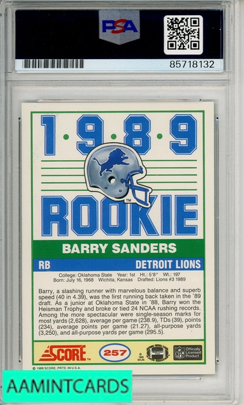 1989 SCORE BARRY SANDERS #257 PSA DNA AUTO 10 RC ROOKIE 999946141626