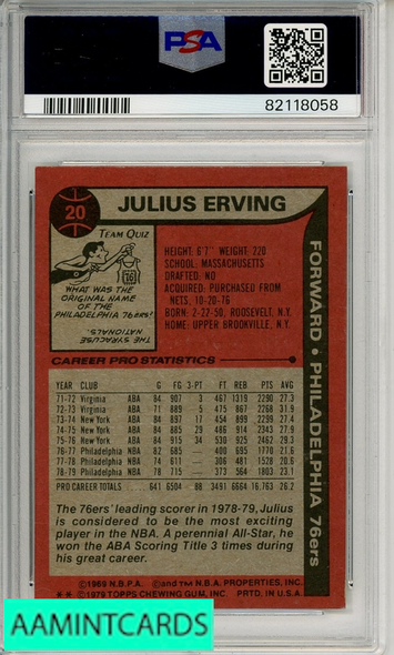 1979 TOPPS JULIUS ERVING #20 PSA 7 AUTOGRAPH GEM MT 10 82118058