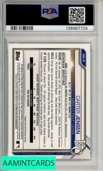 2021 BOWMAN DRAFT CHROME DRAFT PICK AUTOGRAPHS CARTER JENSEN #CDACJ PSA 10 136967729