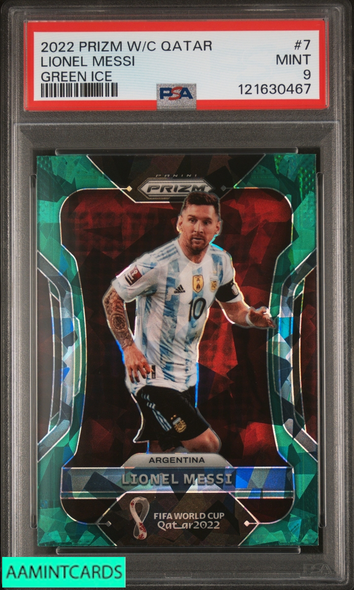 2022 PANINI PRIZM WORLD CUP QATAR LIONEL MESSI #7 GREEN ICE PSA 9 MINT 121630467
