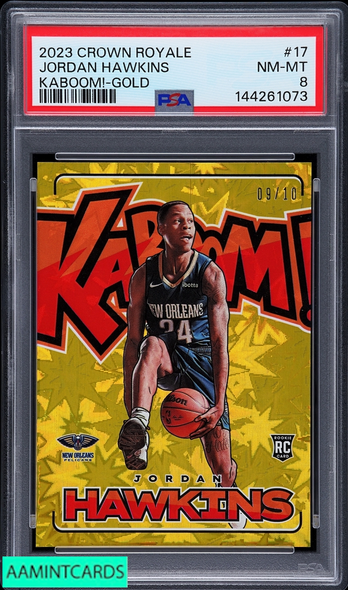 2023 PANINI CROWN ROYALE KABOOM! JORDAN HAWKINS #17 GOLD 9 OF 10 ROOKIE RC PSA 8 144261073