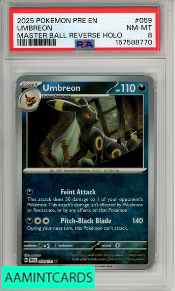 2025 POKEMON PRE EN-PRISMATIC EVO UMBREON #059 MASTER BALL REVERSE HOLO PSA 8 157588770