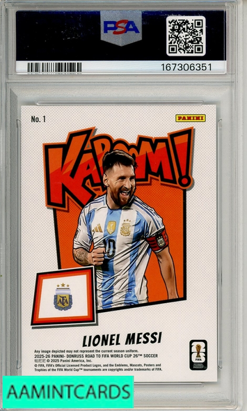2025-2026 PANINI DONRUSS ROAD TO FIFA WORLD CUP KABOOM! LIONEL MESSI #1 PSA 10 167306351