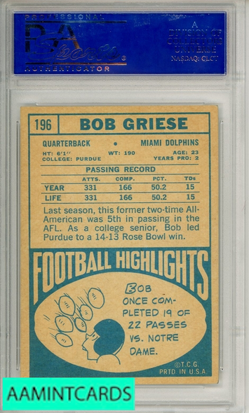 1968 TOPPS BOB GRIESE #196 PSA 6 EX-MT RC 40435279