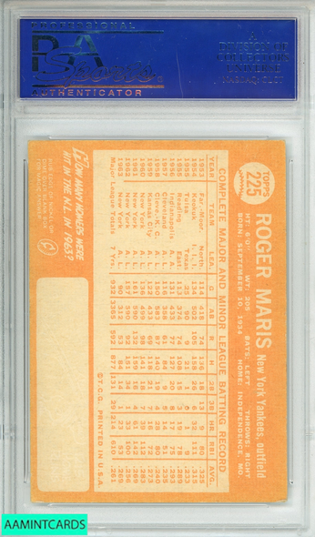 1964 TOPPS ROGER MARIS #225 NEW YORK YANKEES HOF PSA 5 EX 40335526